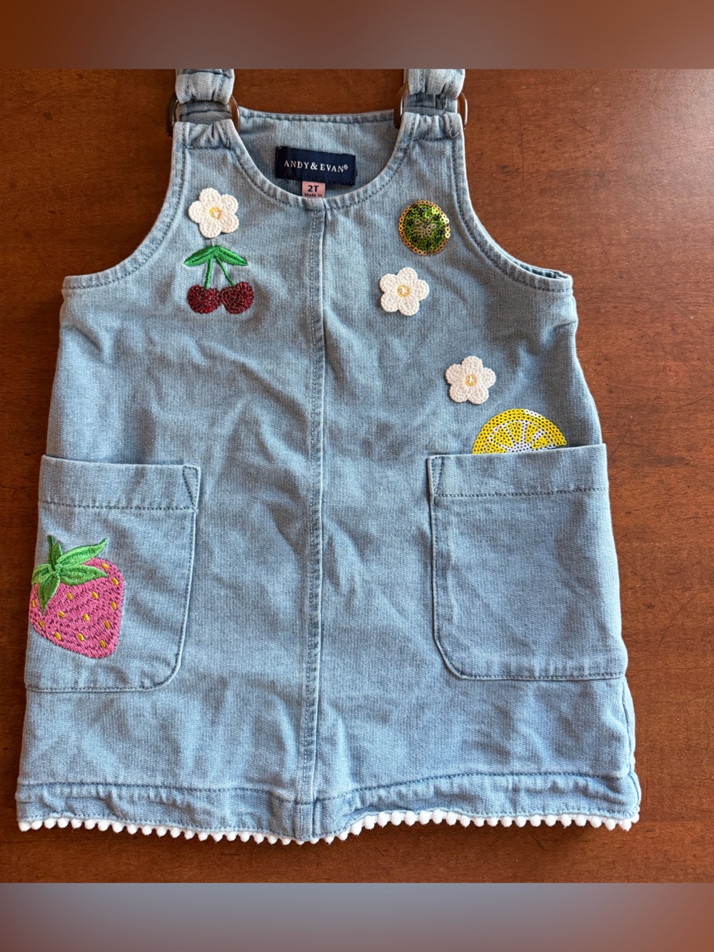 Andy & Evan Light Blue Denim Pinafore with Fruit & Flower Appliqués
